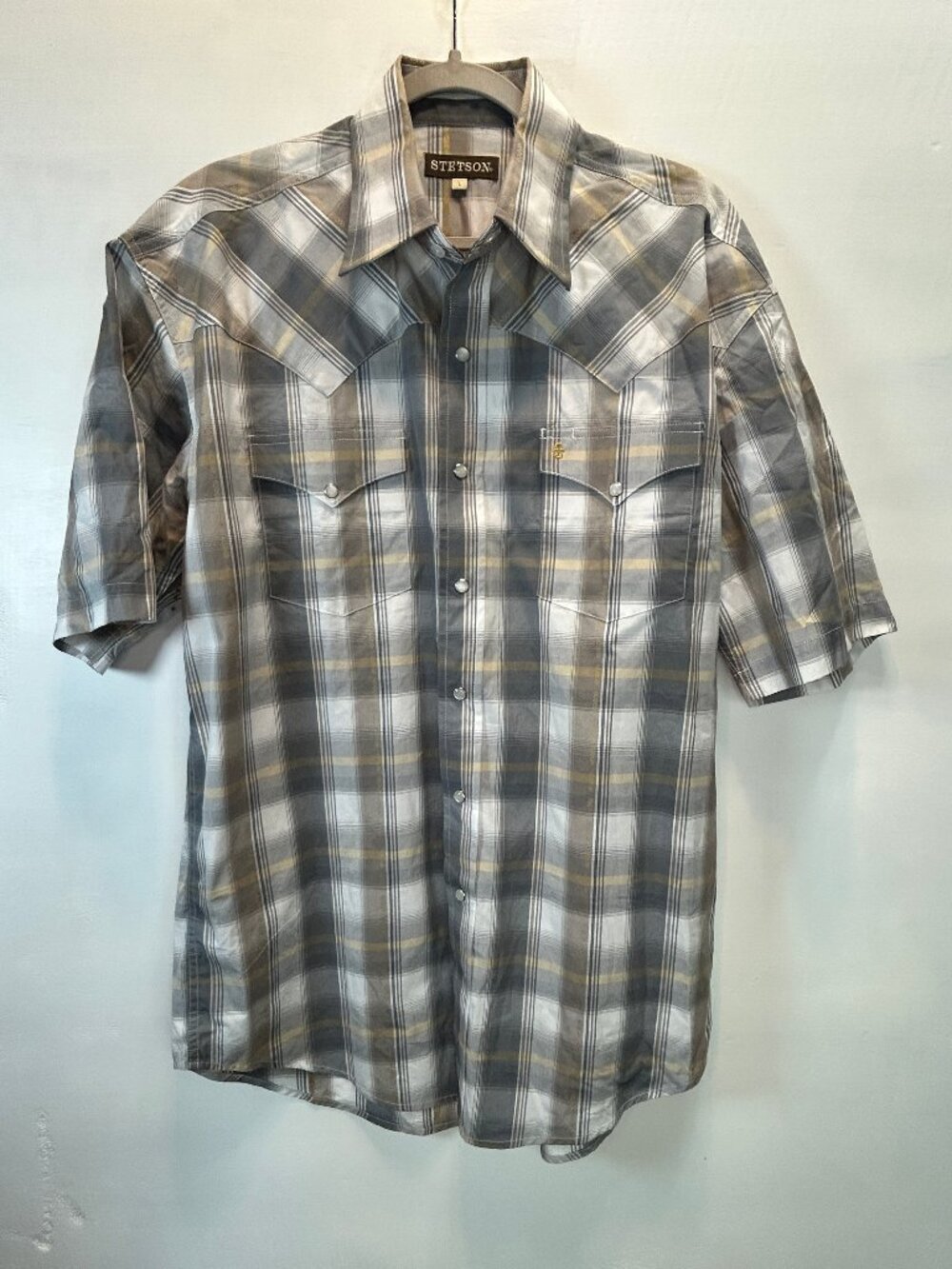 Stetson Western Pearl Snap Plaid Shirt Mens Large Gray Short Sleeve Cowboy Ranch